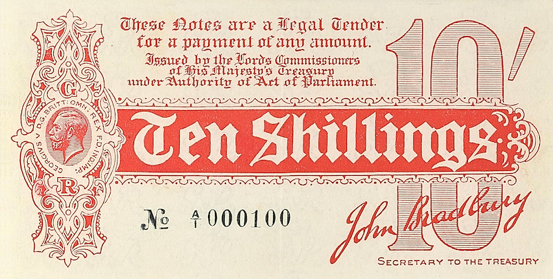 United Kingdom Treasury banknote, King George V, 10 shillings, 1914, Pick P-346, UNC