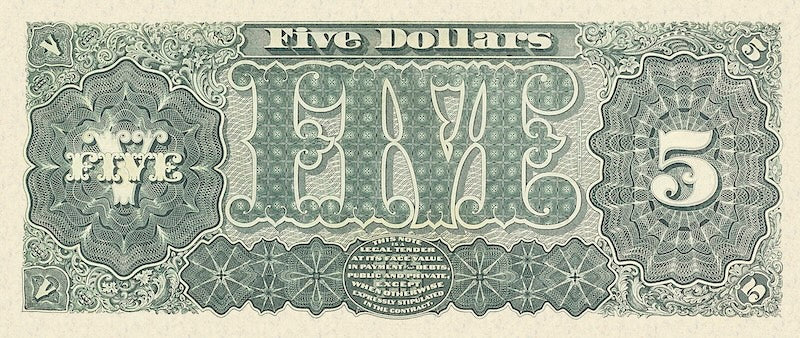 United States Treasury Notes banknote, The Grand Watermelon, $5 Dollars, 1890, Pick P-346, UNC