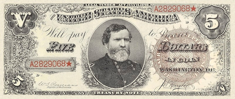 United States Treasury Notes banknote, The Grand Watermelon, $5 Dollars, 1890, Pick P-346, UNC