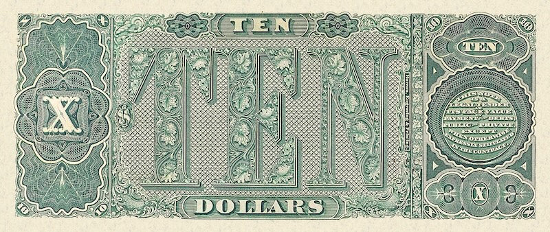 United States Treasury Notes banknote, The Grand Watermelon, $10 Dollars, 1890, Pick P-347, UNC