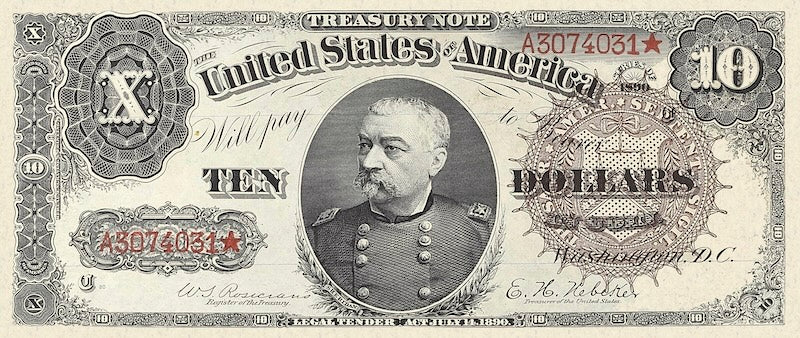 United States Treasury Notes banknote, The Grand Watermelon, $10 Dollars, 1890, Pick P-347, UNC
