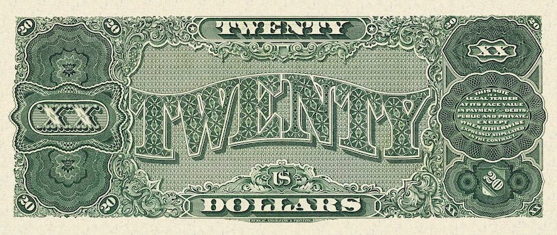 United States Treasury Notes banknote, The Grand Watermelon, $20 Dollars, 1890, Pick P-348, UNC
