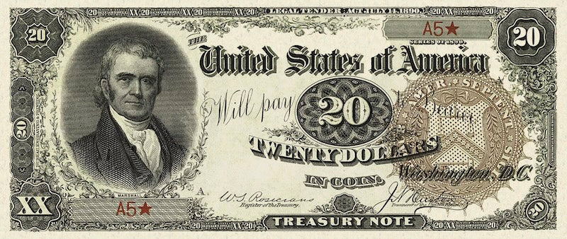 United States Treasury Notes banknote, The Grand Watermelon, $20 Dollars, 1890, Pick P-348, UNC