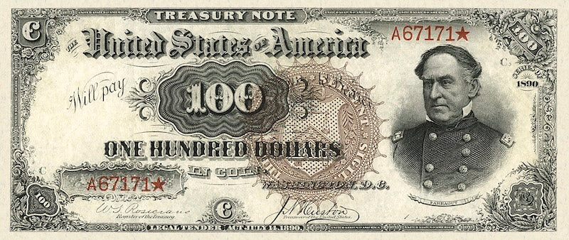 United States Treasury Notes banknote, The Grand Watermelon, $100 Dollars, 1890, Pick P-349, UNC