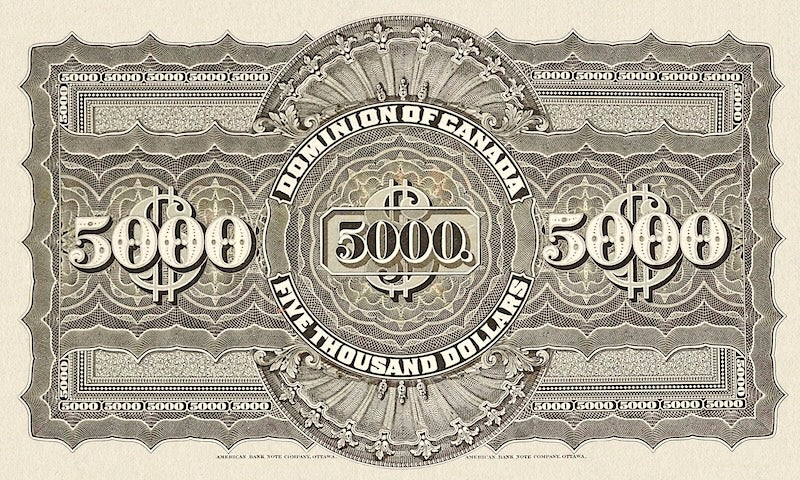 Dominion of Canada banknote, $5000 Dollars, 1901, Pick P-25B, UNC