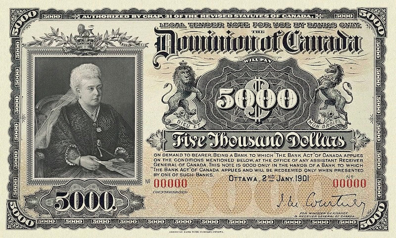 Dominion of Canada banknote, $5000 Dollars, 1901, Pick P-25B, UNC