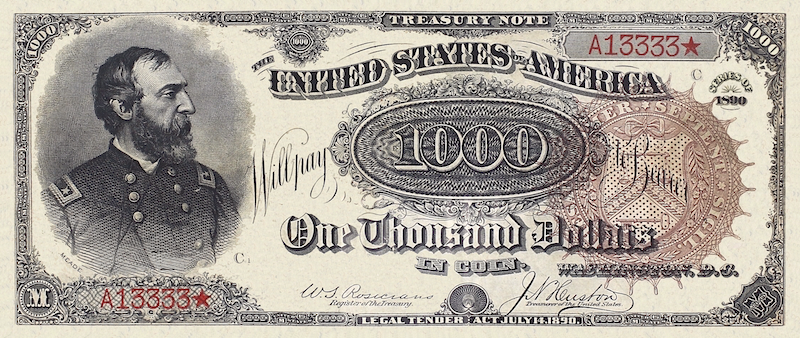 United States Treasury Notes banknote, The Grand Watermelon, $1000 Dollars, 1890, Pick P-350, UNC