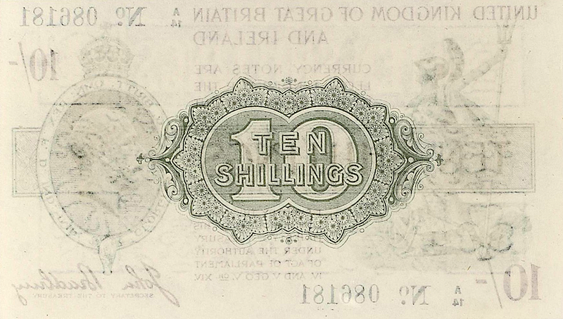 United Kingdom Treasury banknote, George V, 10 shillings, 1917, Pick P-350, UNC