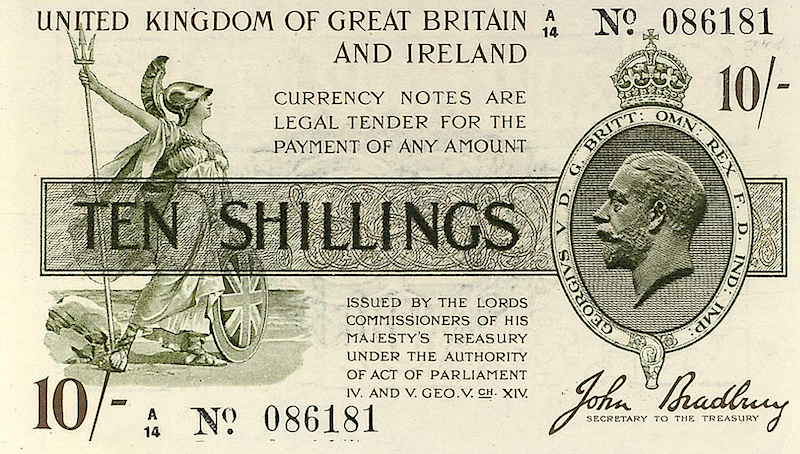 United Kingdom Treasury banknote, George V, 10 shillings, 1917, Pick P-350, UNC