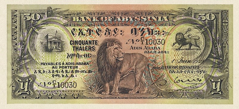Ethiopia banknotes, Bank of Abyssinia, 50 Thalers, 1915, Pick P-3, UNC