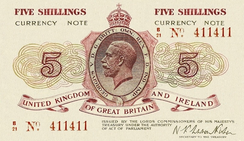 United Kingdom Great Britain & Ireland Treasury banknotes, King George V, 5 Shillings, 1919, Pick P-352, UNC