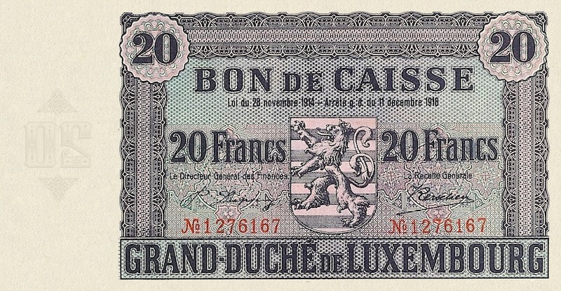 Luxembourg banknotes, Bon de Caisse Issue, 20 Francs, 1923, Pick P-35, UNC