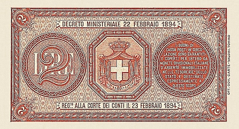 Italy banknote, Buono Di Cassa, Umberto I Issue, 2 Lire, 1893, Pick P-35, UNC
