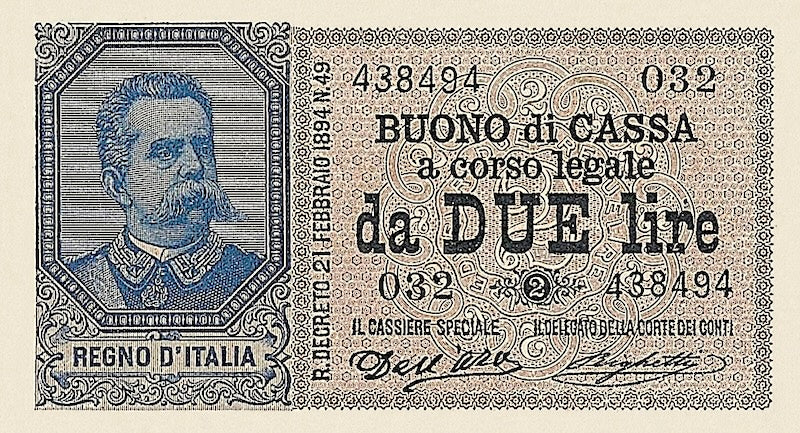Italy banknote, Buono Di Cassa, Umberto I Issue, 2 Lire, 1893, Pick P-35, UNC