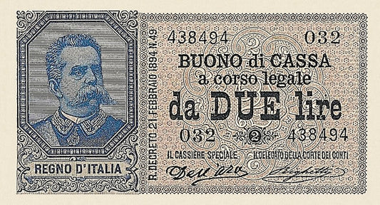 Italy banknote, Buono Di Cassa, Umberto I Issue, 2 Lire, 1893, Pick P-35, UNC