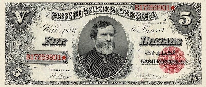 United States Treasury note, $5 Dollars, 1891, Pick P-353, UNC