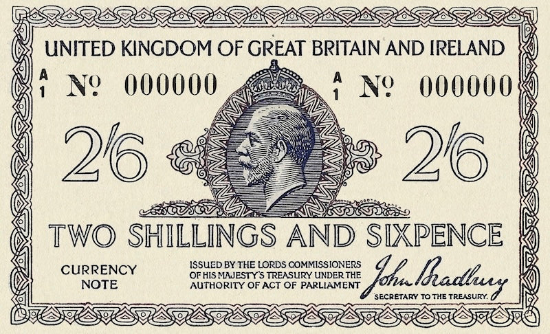 United Kingdom Great Britain & Ireland Treasury banknotes, King George V, 2 Shillings 6 Pence, 1919, Pick P-354, UNC