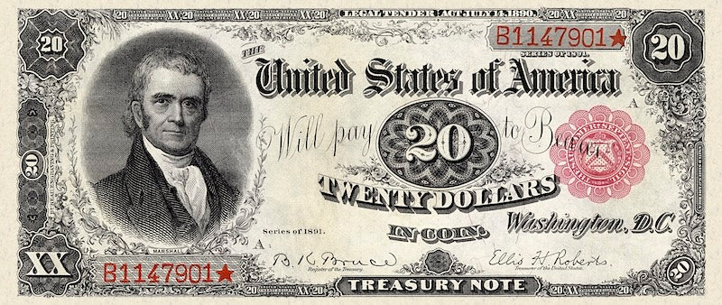 United States Treasury note, $20 Dollars, 1891, Pick P-355, UNC