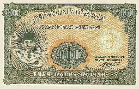 Republik Indonesia banknotes, Uang Kuno, Suharto, 600 Rupiah, 1948, Pick P-35A, UNC