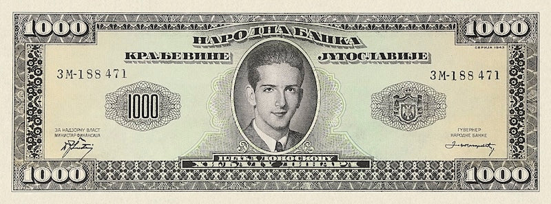 Kingdom of Yugoslavia in Exile banknote, Peter II Karađorđević, 1000 Dinara, 1943, Pick P-35F, UNC