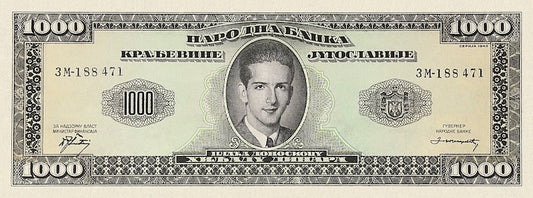Kingdom of Yugoslavia in Exile banknote, Peter II Karađorđević, 1000 Dinara, 1943, Pick P-35F, UNC