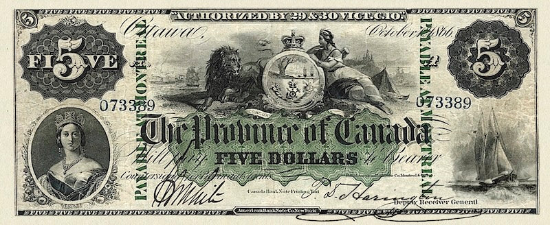 Province of Canada banknote, $5 Dollars, 1866, Pick P-3, UNC