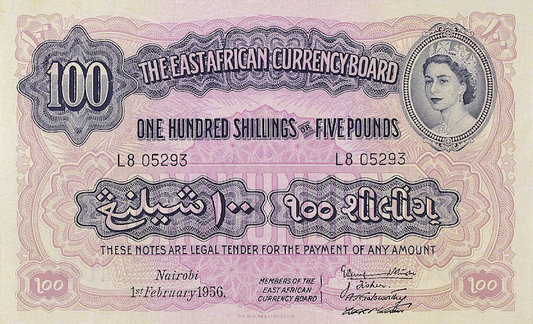 British East Africa banknotes, Queen Elizabeth II, 100 Shillings, 1953, Pick P-36, UNC