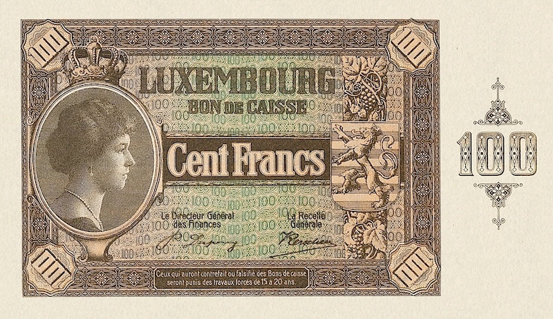 Luxembourg banknotes, Bon de Caisse Issue, 100 Francs, 1923, Pick P-36, UNC