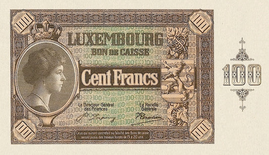Luxembourg banknotes, Bon de Caisse Issue, 100 Francs, 1923, Pick P-36, UNC