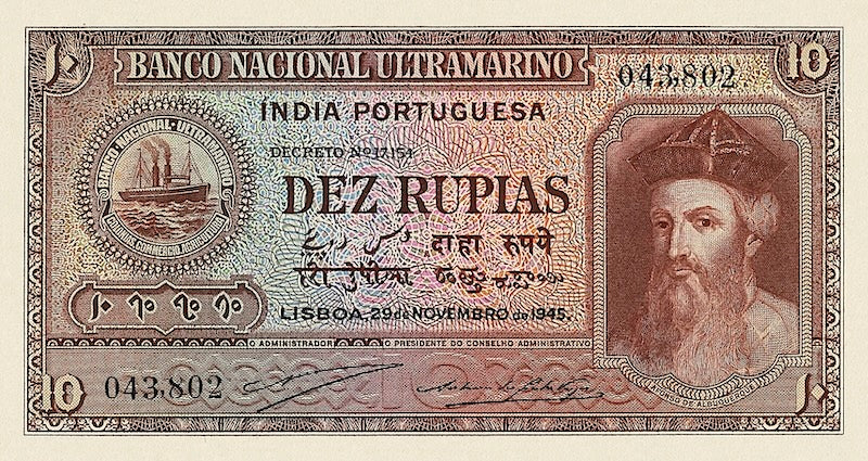 Portuguese India banknote, Banco Nacional Ultramarino, Afonso de Albuquerque, 10 Rupias / rupees, 1945, Pick P-36, UNC