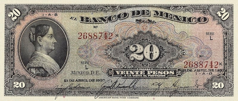 Mexico banknote, Banco de México, 20 Pesos, 1936, Pick P-36, UNC