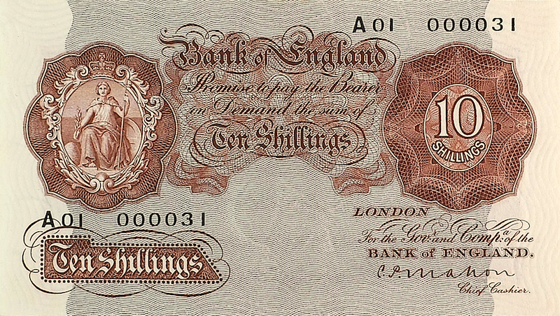 United Kingdom Bank of England banknote, King George V, 10 shillings, 1928, Pick P-362, UNC