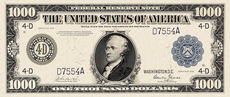 United States Federal Reserve Notes banknote, $1000 Dollars, 1918, Pick P-365, UNC