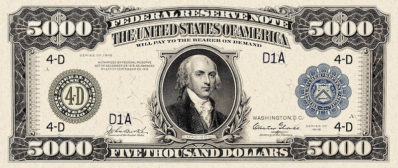 United States Federal Reserve Notes banknote, $5000 Dollars, 1918, Pick P-366, UNC