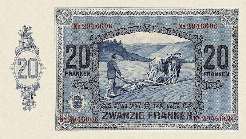 Luxembourg banknotes, Grand Duchess Charlotte, 20 Francs, 1929, Pick P-37, UNC