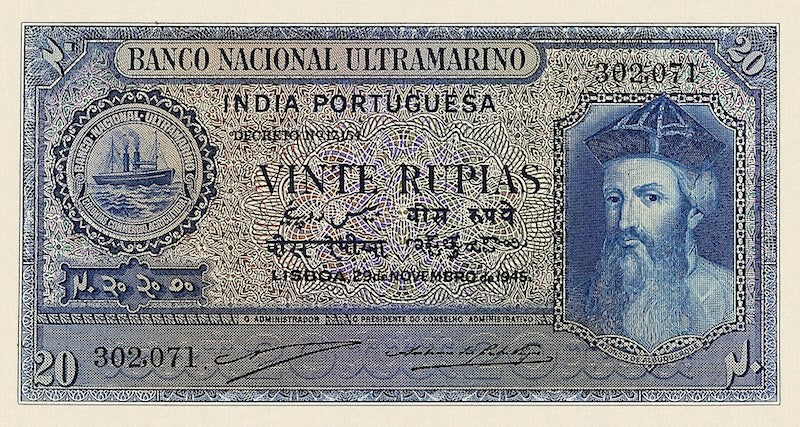 Portuguese India banknote, Banco Nacional Ultramarino, Afonso de Albuquerque, 20 Rupias / rupees, 1945, Pick P-37, UNC