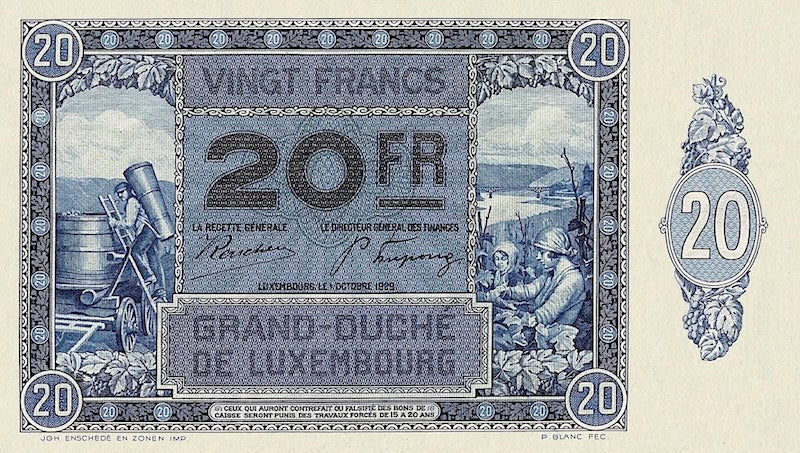 Luxembourg banknotes, Grand Duchess Charlotte, 20 Francs, 1929, Pick P-37, UNC