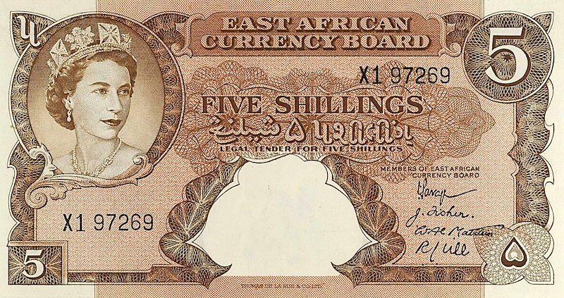 British East Africa banknotes, Queen Elizabeth II, 5 Shillings, 1958, Pick P-37, UNC