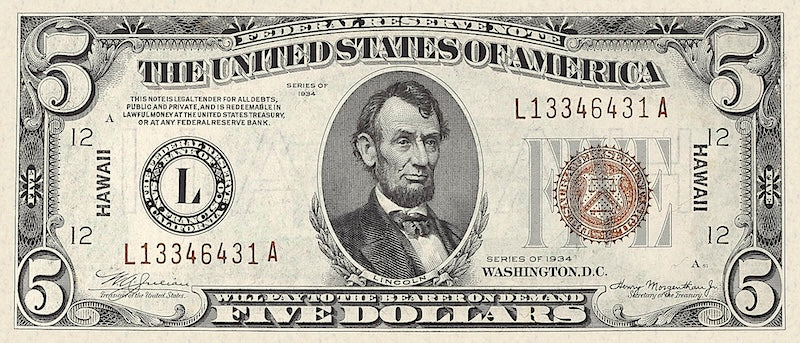 United States, Hawaii Overprint Emergency Issue banknote, $5 Dollars, 1942, Pick P-37, UNC
