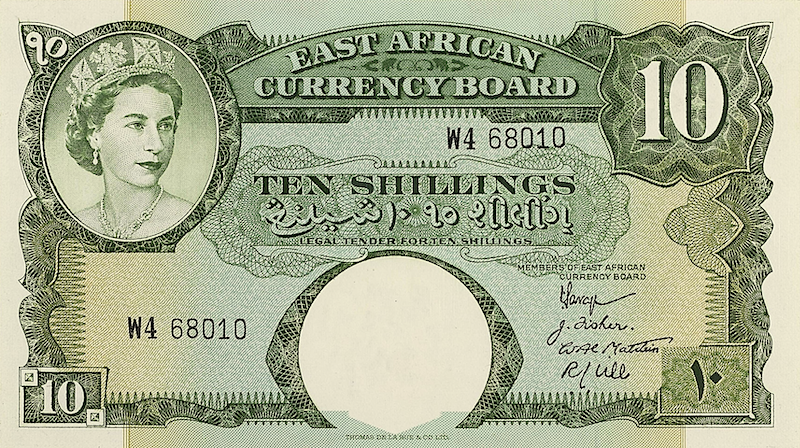 British East Africa banknotes, Queen Elizabeth II, 10 Shillings, 1958, Pick P-38, UNC