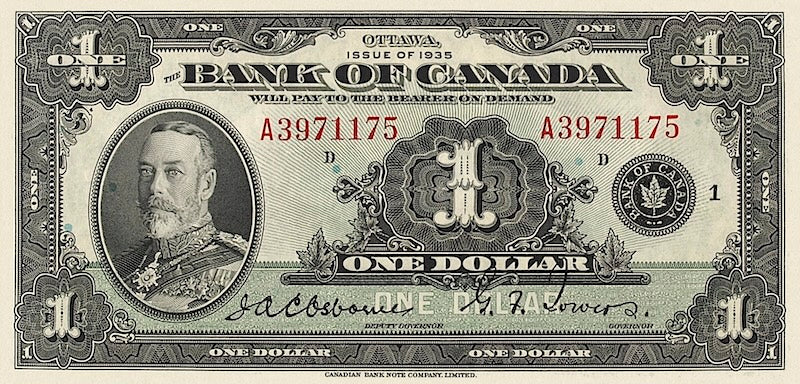 Canada banknotes, Bank of Canada English Series, $1 Dollar, 1935, Pick P-38, UNC