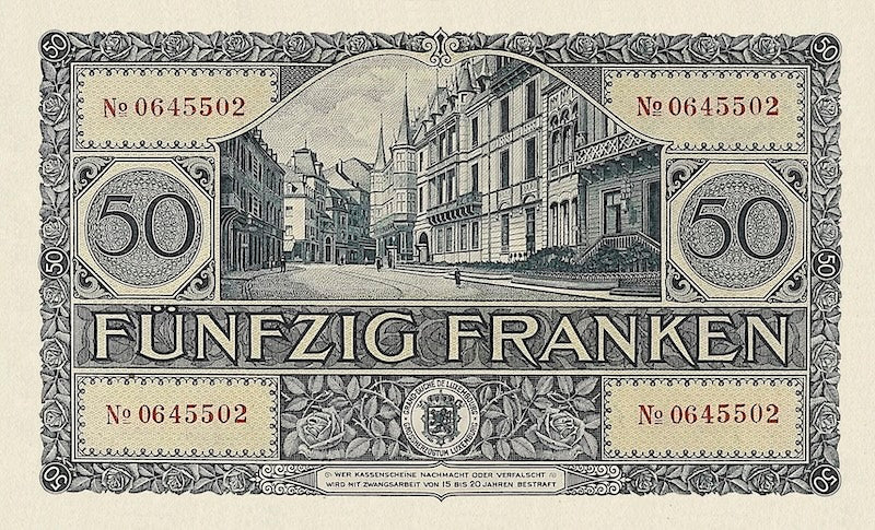 Luxembourg banknotes, Grand Duchess Charlotte, 50 Francs, 1932, Pick P-38, UNC