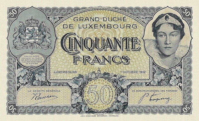 Luxembourg banknotes, Grand Duchess Charlotte, 50 Francs, 1932, Pick P-38, UNC