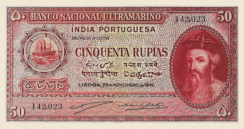 Portuguese India banknote, Banco Nacional Ultramarino, Afonso de Albuquerque, 50 Rupias / rupees, 1945, Pick P-38, UNC