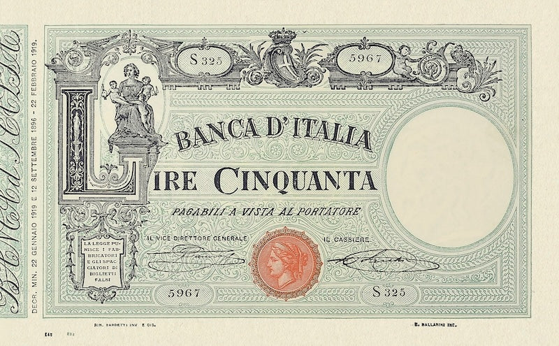 Italy banknote, Banca D'Italia, Seal Italia / Decreto Issue, 50 Lire, 1896, Pick P-38, UNC