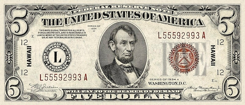 United States, Hawaii Overprint Emergency Issue banknote, $5 Dollars, 1942, Pick P-38, UNC