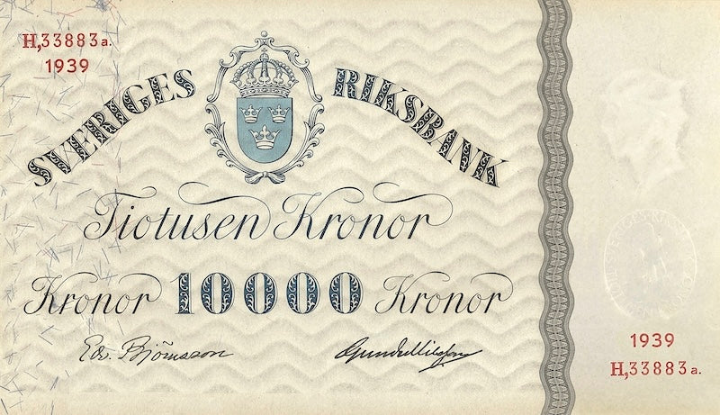 Sweden banknotes, Sveriges Riksbank, 10000 Kronor, 1914, Pick P-39, UNC