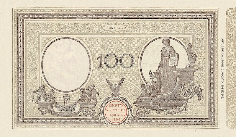 Italy banknote, Banca D'Italia, Seal Italia / Decreto Issue, 100 Lire, 1896, Pick P-39, UNC