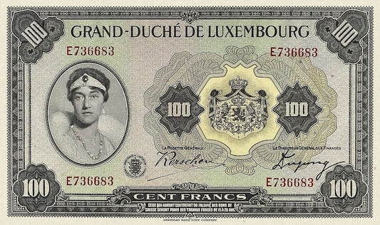 Luxembourg banknotes, Grand Duchess Charlotte, 100 Francs, 1934, Pick P-39, UNC