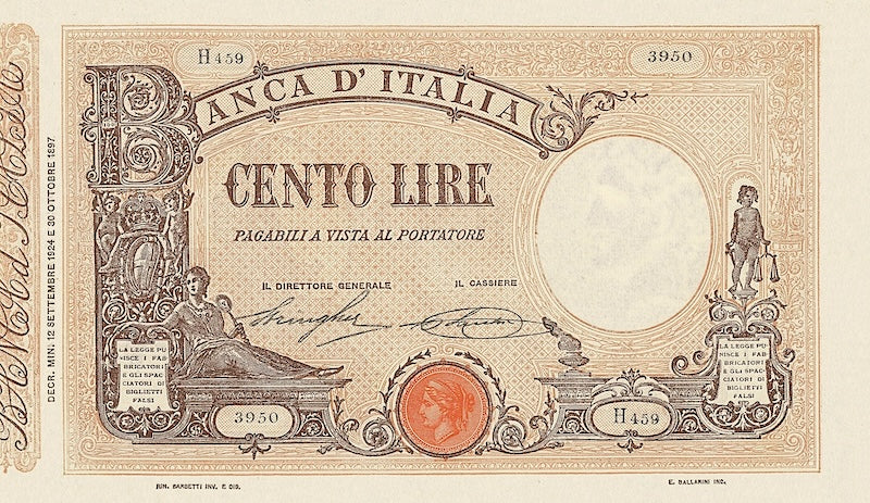 Italy banknote, Banca D'Italia, Seal Italia / Decreto Issue, 100 Lire, 1896, Pick P-39, UNC